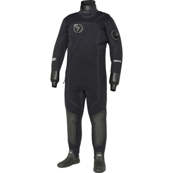 bare xcs2 drysuit all black with neoprene neck and latex wrist seals, attached neoprene boots back entry all black with chest inflator and left arm exhaust valve sitec