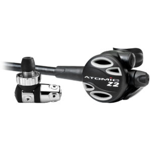 atomic z2 regulator features a non swivel chrome plated brass first stage available with open holes or a sealed sleeve that keeps the saltwater, dirty and ice form entering the first stage. Second stage is grey with a compact, high performance second stage regulator with an adjustable breathing knob to turn for easier or harder breathing gas delivery