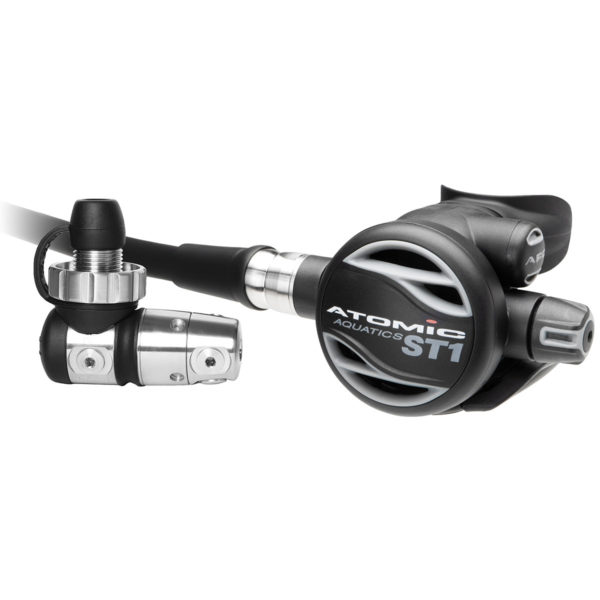 atomic aquatics st1 regulator is a stainless steel first stage regulator in din with threaded tank connection and has a sealed first stage with oxygen grease and titanium second stage with swivel hose and adjustable breathing