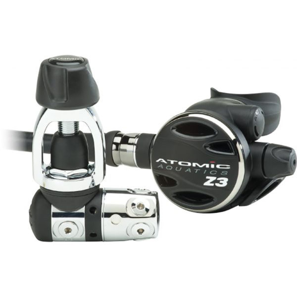 atomic aquatics z3 regulator with swivel second stage all black with chrome plated first stage