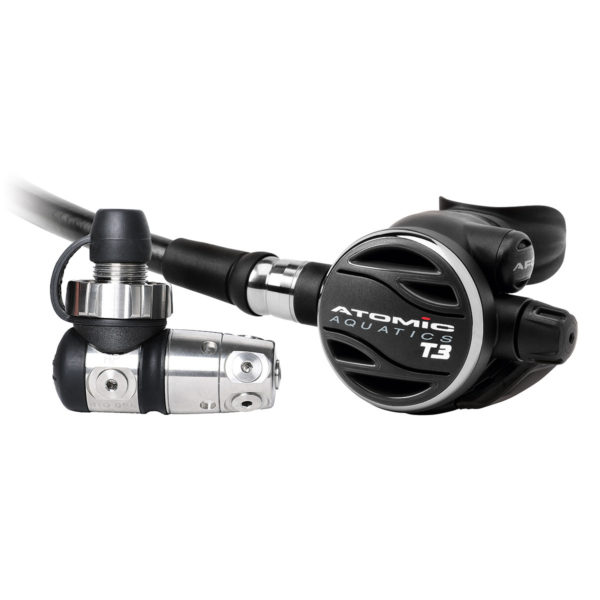atomic aquatics t3 DIN regulator features a first stage with screw in din adapter to allow for a safer connection and protects the o-ring by capturing the o-ring inside the tank valve