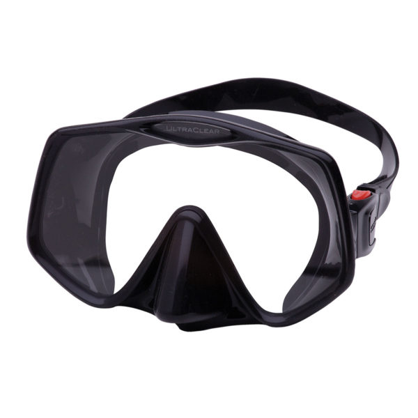 atomic aquatics frameless 2 mask features black silicone skirt and a very thin ultra clear glass viewing pane that acts as the frame for the silicone. mask has an easy to adjust squeeze locking mask strap