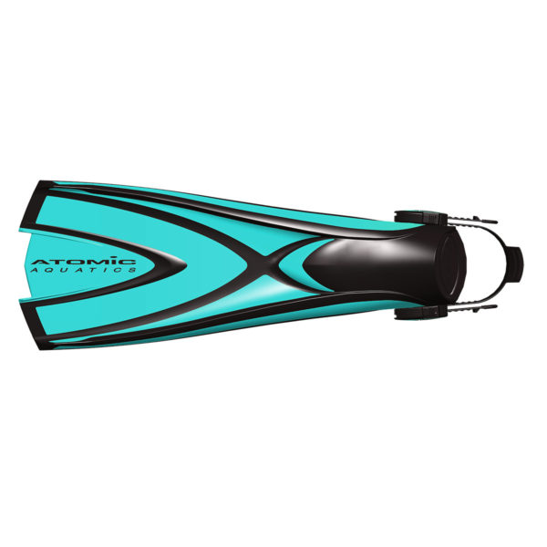 Atomic Aquatics X1 BladFin Aqua is a stiffer plastic fin with x shaped pattern on the blade, a soft black foot pocket with quick release buckle strap