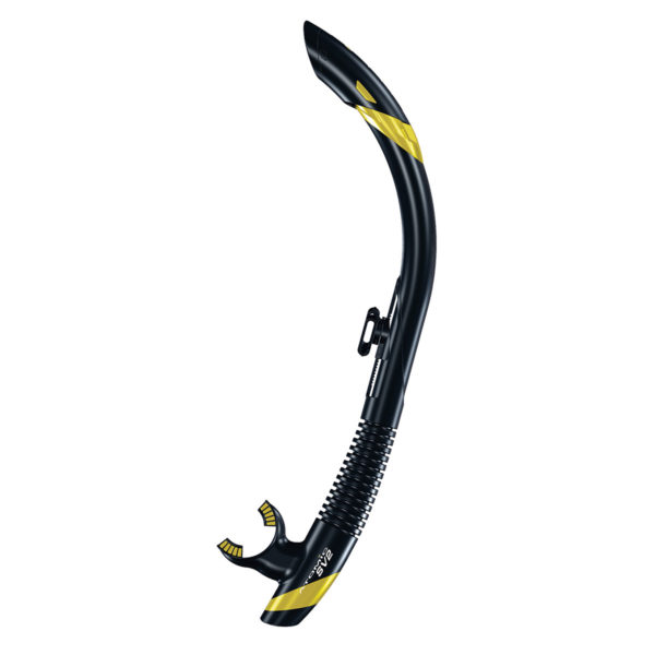 atomic aquatics sv2 snorkel with grated splash cover that helps prevent water entry in black body and yellow accents with dual silicone orthodontic mouthpiece and reliable clip