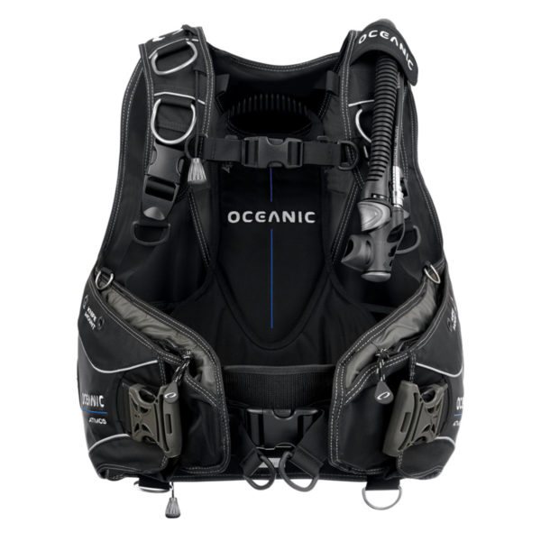 Oceanic Atmos BCD all black heavy duty fabric in a hybrid jacket design with integrated weight pockets, d-rings, bcd inflator and hose