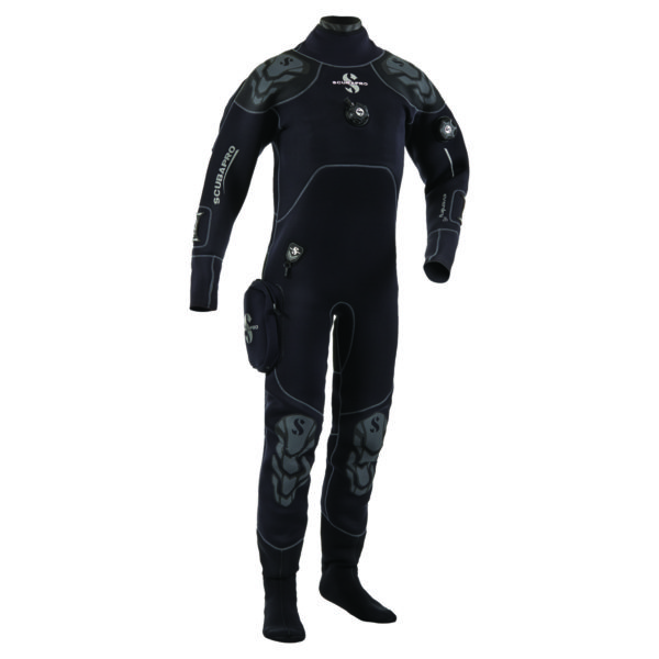 scubapro everdry 4 drysuit all black with right upper thigh pocket, soft socks, neoprene neck and wrist seal with scubapro logo top chest above the valve