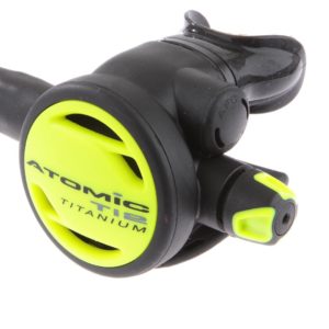 Atomic Aquatics Ti2 Octopus is a simpler designed titanium regulator with smaller exhaust and classic purge cover in yellow with black and yellow adjustment knob