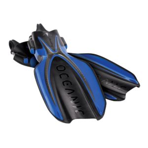 Oceanic Manta Ray Fins blue with black middle section and bungee strap