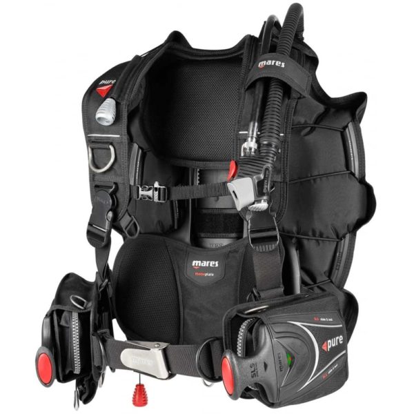 mares pure sis bcd a simple scuba bcd with 2" nylon waist strap, slide lock weight system, back mount buoyancy with a single bcd cam strap