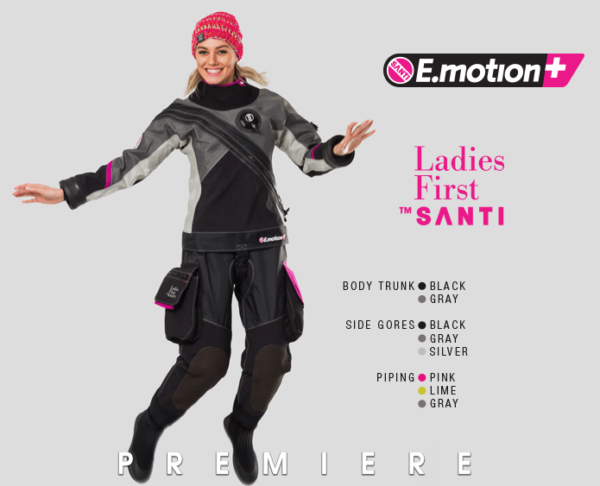 Santi Ladies First E.motion Plus Drysuit black and grey with red accents girl is wearing a santi red touque