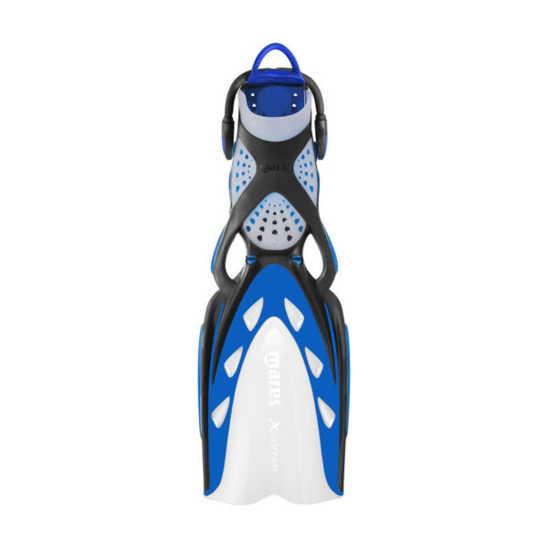 mares x-stream fin with bungee strap blue with white channel and black and transparent foot pocket