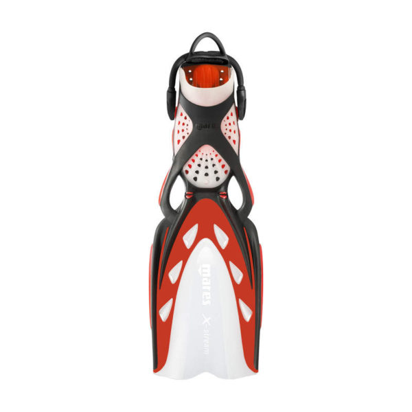 mares x-stream fin red with transparent white flex channel in the middle of the bad and black X pattern on the foot pocket with white transparent mesh foot pocket and black bungee strap
