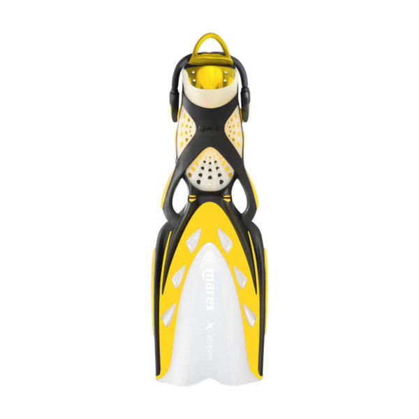 mares x-stream fins yellow with transparent white blade channel, black accents on blade edges, X pattern on the transparent white mesh foot pocket and black and yellow bungee strap