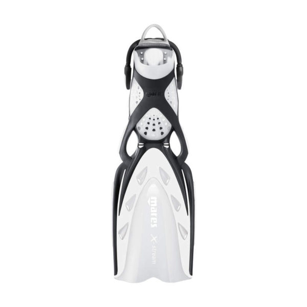 mares x-stream fin white with black X on the blade, black accents down the sides of the fin with a black and white bungee strap