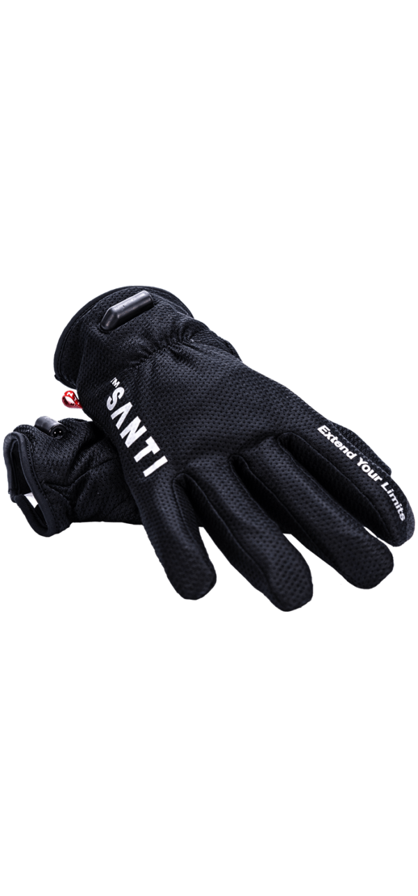 Santi Heated Gloves Black with wires through the fingers and palm with an electrical input on the top of the wrist