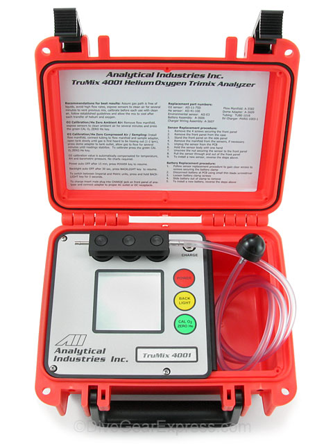 Analytical Industries TruMix 4001 Trimix Analyzer in red dry case with flow tube and flow meter