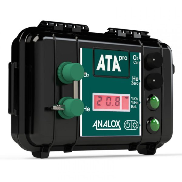 Analox ATA Pro Trimix Analyzer a black dry box with a digital display that allows 2 plastic sensors to screw into the ilid of the box to analyze the mixing contents of a nitrox or trimix fill