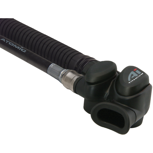 atomic aquatics ai power inflator is small compact black power inflator with 2 red or grey inflator buttons,, a mail nipple that connects to a female coupling on a low pressure hose and has a mouthpiece to orally inflate or dump gas from the bcd