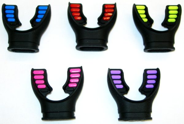 atomic aquatics comfort mouthpiece are available in many colours with a super soft dual injected silicone material and reinforced bite tabs