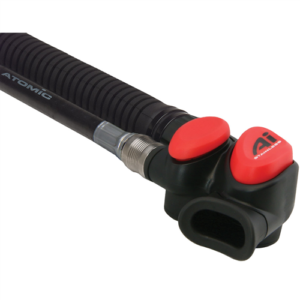 Atomic Aquatics AI Power Inflator is a high performance inflator made with big easy to push buttons in stainless steel internal parts and red buttons or grey buttons on the titanium model