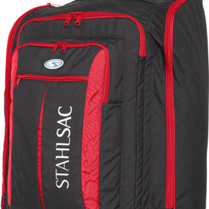 Stahlsac Caicos Cargo Pack is a wheeled luggage bag black with red accents and a pull out extendable handle