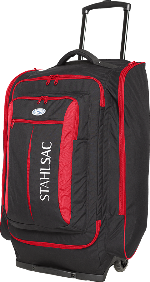 Stahlsac Caicos Cargo Pack is a wheeled luggage bag black with red accents and a pull out extendable handle