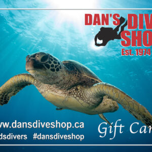 dan's dive shop gift card with a sea turtle and the dan's dive shop logo of a diver swimming out of the company name