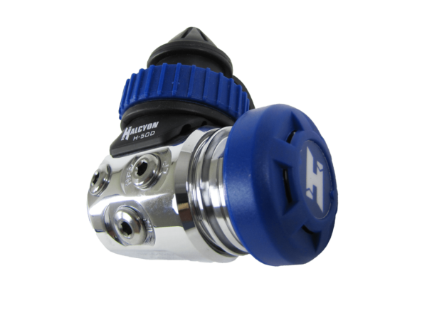 halcyon h-50d regulator first stage din with blue cap and blue din handwheel, non swivel first stage