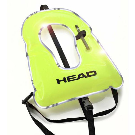 Head Deluxe Snorkelling Vest is bright yellow with an oral inflate mouthpiece and reflective accent pipping around the outside