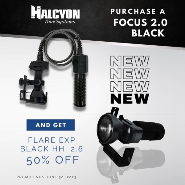 Halcyon Focus 2.0 light with battery and discount for black EXP handheld light brochure.