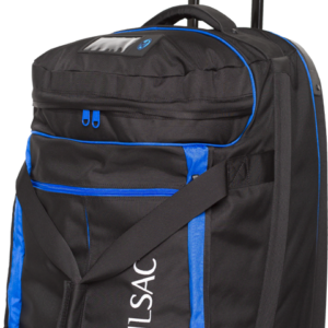 Stahlsac Smuggler Dive Bag is a wheeled dive bag with heavy duty pull out and locking handle, roomy pockets on the front and heavy duty wheels to house your entire dive kit. Bag featured is black with blue accents around the front of the zippered area