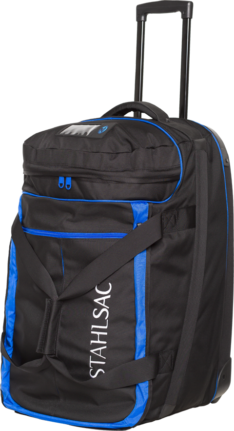 Stahlsac Smuggler Dive Bag is a wheeled dive bag with heavy duty pull out and locking handle, roomy pockets on the front and heavy duty wheels to house your entire dive kit. Bag featured is black with blue accents around the front of the zippered area