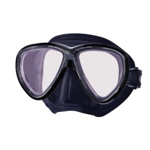 TUSA Freedom Ceos Pro Mask with all black frame and skirt and pinkish anti-reflective lenses that enhance available light