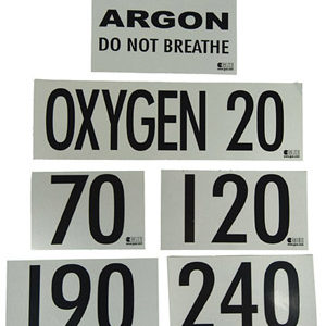 Halcyon MOD Decals black letters on white reflective background for Argon do not breath, oxygen 20, 70, 120, 190 240 and more