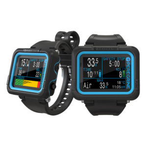 The Shearwater Peregrine Dive Computer is a large rectangular dive computer that displays bright full colour information and features a thick wrist strap that's black.