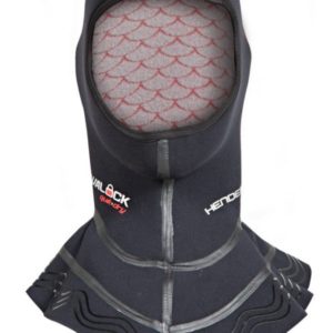 Henderson Aqualock Quick Dry Hood 7/5mm black with white and red fuzzy material called "hexacore" that allows for more warmth and water flows through the thin red veins