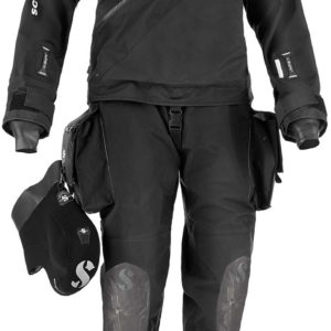 cubapro Evertec Drysuit black front entry nylon drysuit with pockets on left and right thigh, centre inflator valve, left bicep exhaust valve and neoprene hood