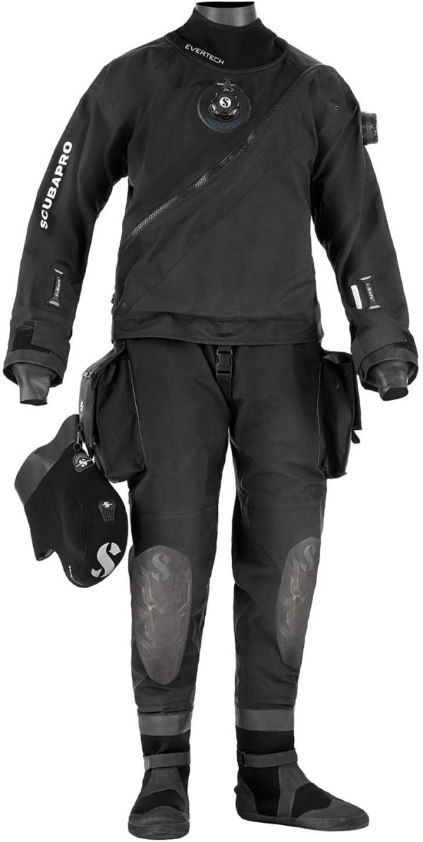 cubapro Evertec Drysuit black front entry nylon drysuit with pockets on left and right thigh, centre inflator valve, left bicep exhaust valve and neoprene hood