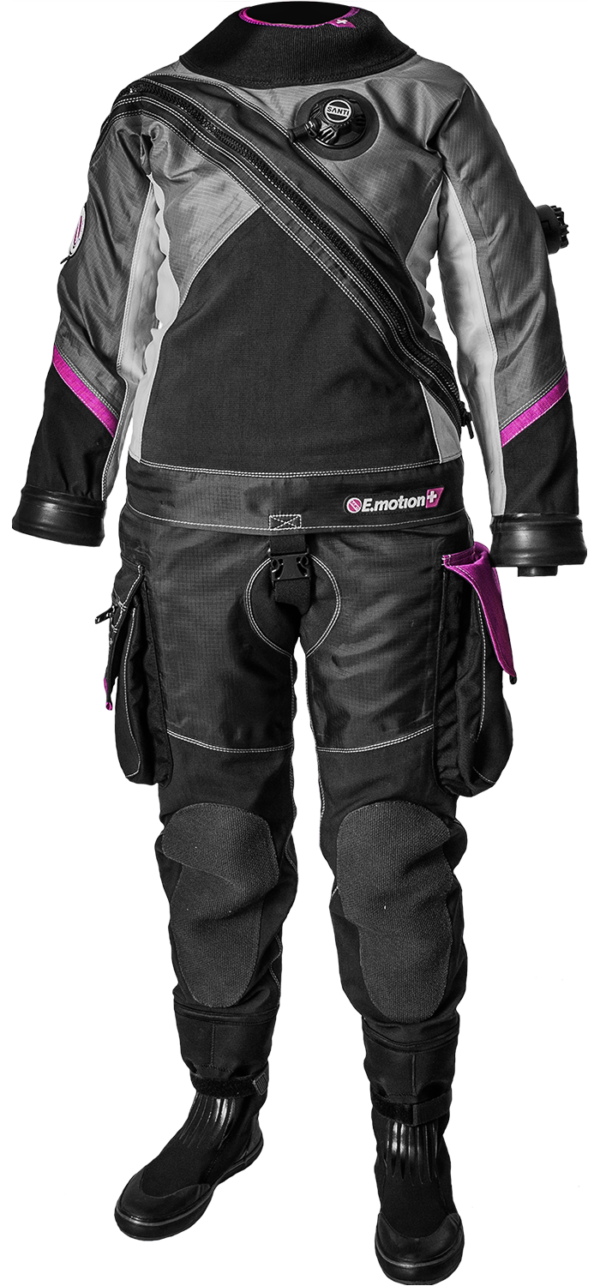 Santi Ladies First E.Motion Plus Drysuit black body with grey sides, black elbows, pink accents on forearms.