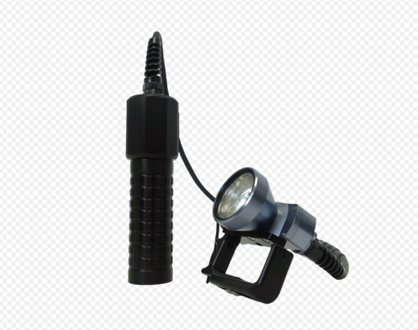 Halcyon Flare EXP Light compact black knurled canister with 2" belt loop with wire going to a grey and black aluminum light head with an on/off switch on top and a comfortable expandable handle