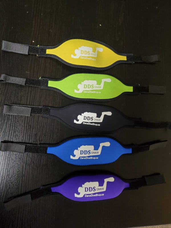 DDS Comfort Neoprene Mask Strap with Velcro Connection Straps yellow, green, black, blue, purple, we're out of stock on red in this photo