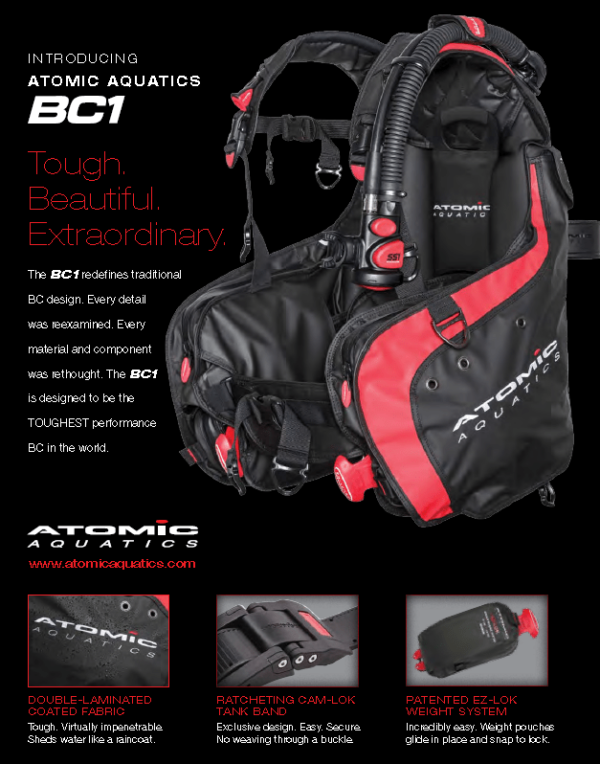 atomic aquatics bc1 black and red buoyancy jacket with releasable weight pockets and zippered cargo pockets along the upper part on both sizes and special bcd tank strap
