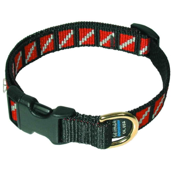 dive flag dog collar has a male female plastic closure, brass ring and dive flags embroidered around the entire collar