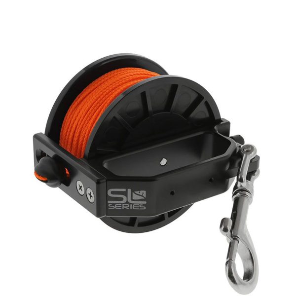 Dive Rite Slide Lock Primary Reel 250' Orange is a heavy duty cave or wreck reel with a heavy duty machined aluminum side handle, slide lock