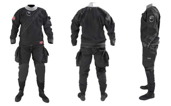 Santi Elite Drysuit black with thigh pockets, flex sole boot latex neck and wrist