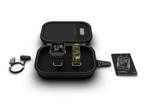 DeepBlu COZMIQ+ Gen 5 Dive Computer with black body, zippered protective case, charter and nylon wrist strap