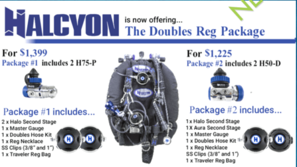halcyon doubles regulator package choice of h-75p or h-50d first stage, halo second stages and spg with free regulator bag and long hose kit