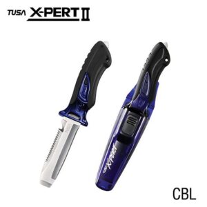 tusa x-pert II knife no straps shown in cobalt blue with blunt tip blade with rubber grip handle and metal tank banger