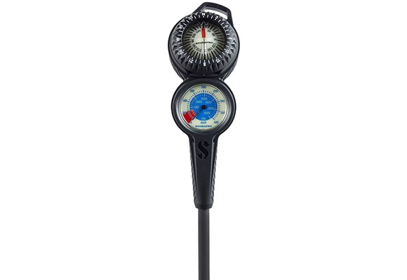 scuba pro 2 gauge console with Spg and compass in a black rubber boot