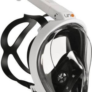 ocean reef uno full face mask is a white full face mask with blue accent on the chin and upper part of the attached shorkel. Features a black silicone mask strap
